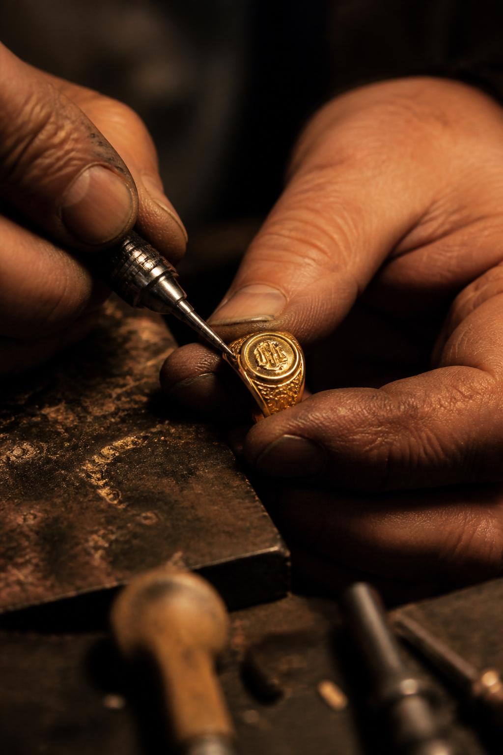 Master goldsmith engraving a signet ring